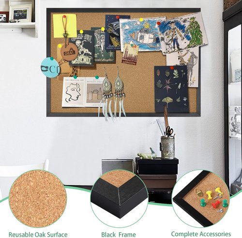 FEBSNOW Cork Board - 23 x 15.7 Inches Rectangle Black Frame | Ideal Wall Message & Vision Board