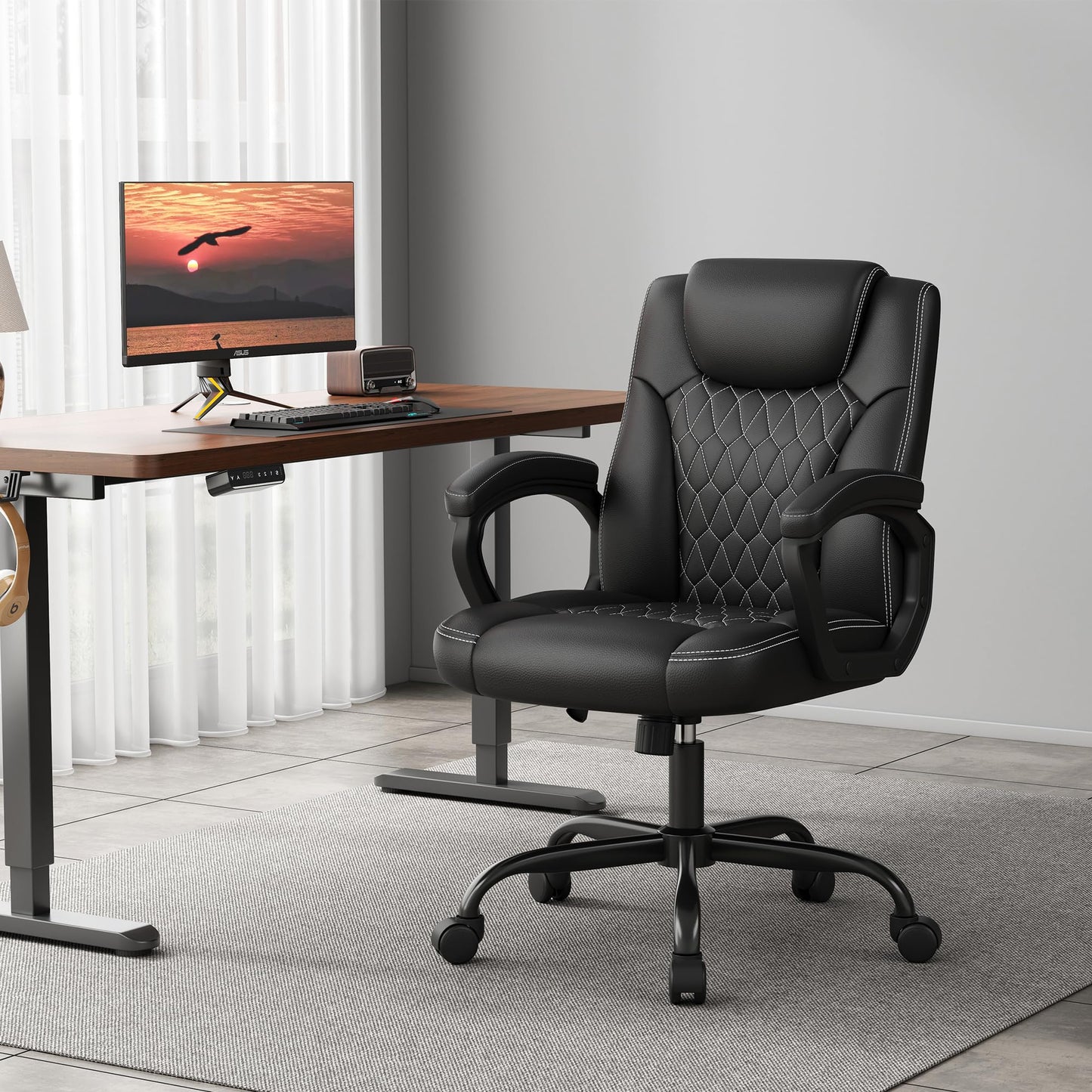Misolant Office Chair, Executive Desk Chair, PU Leather Comfortable Executive Chairs with Fixed Armrest, Adjustable Height, Rocking Function, 360° Swivel Wheels, Black