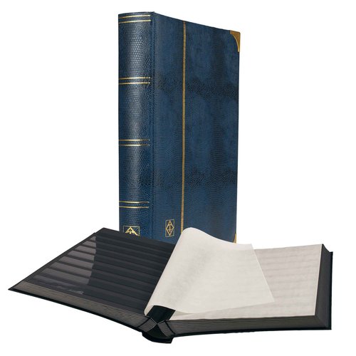 LIGHTHOUSE – “Comfort Deluxe” Stockbook for Stamps - Padded Alligator Leatherette Cover 64 Black Cardstock A4 Pages with 9 Strips, Glassine Interleaves, Metal Corners, and Double Linen Hinges - Blue