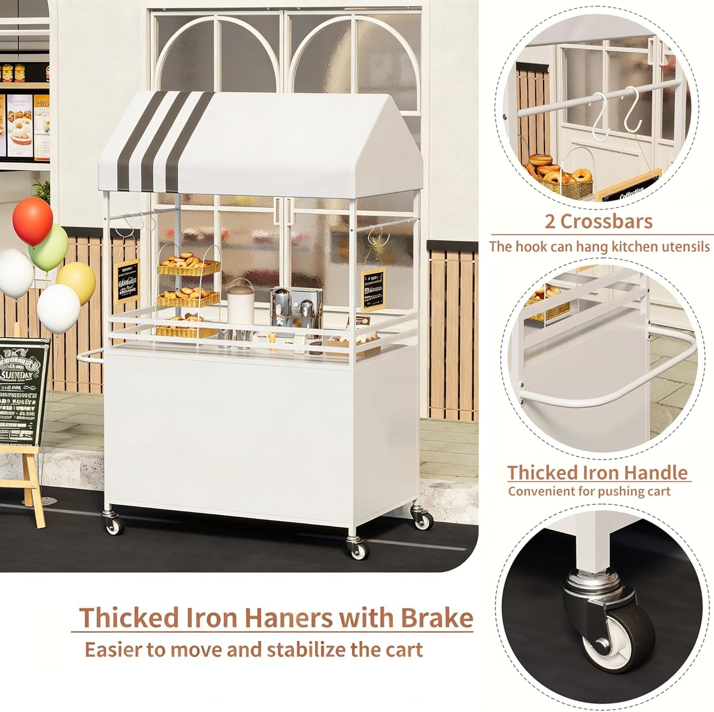 Skiennix Portable Vendor Cart - 75" Tall Outdoor Mobile Food Cart with Canopy & Wheels | White