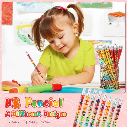 Kosiz 400 Pcs Happy Birthday Pencils Colorful Printed Birthday Pencils with Top Erasers Perfect For Teachers Class Reward Party Kids Gifts Supplies