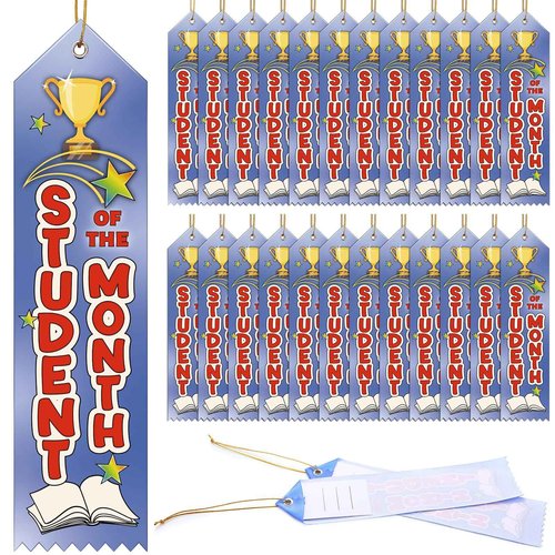 Wavwavw 200 Pcs Student of The Month Award Ribbons Bulk 8" x 2" Prizes Ribbons with Event Card and String Award Prize Gift for Tournaments, Competitions, Party, Classroom Home Study Supplies