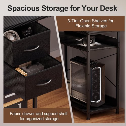 GTPLAYER L Shaped Desk with Drawers, Carbon Fiber Style Computer Desk with Monitor Shelf, Black Small L Shape Desk with Adjustable Open Storage Shelf, Corner PC Table for Small Space Home Office