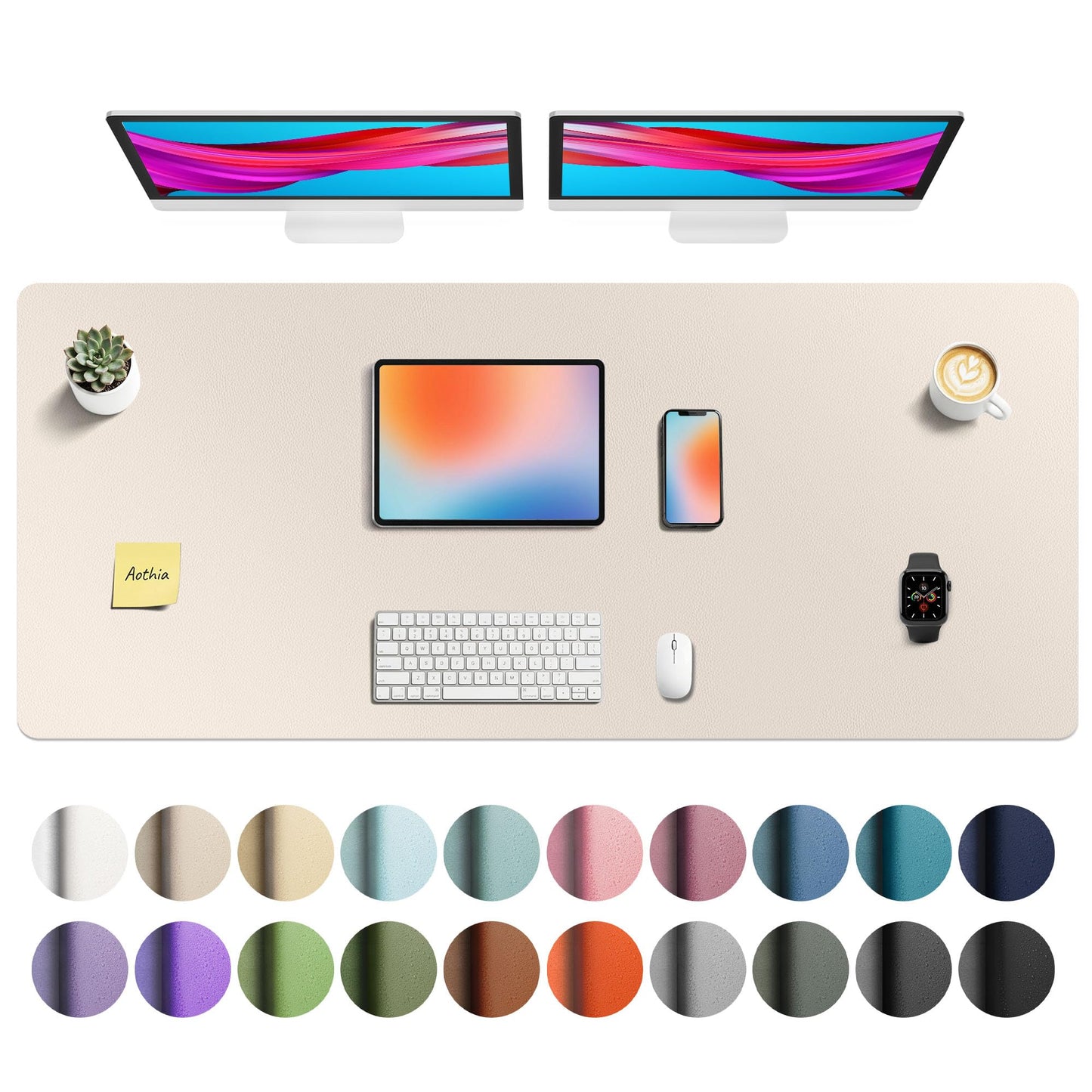 Aothia Faux Leather Desk Mat - Non-Slip PU Leather Desk Blotter, Waterproof Writing Surface, Large Desk Pad for Office & Home (Eggshell, 55" x 24")