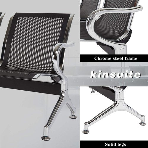 Kinsuite Airport Reception Bench - 2 Seat Guest Chairs with Arms for Office, Bank, Hospital - Black