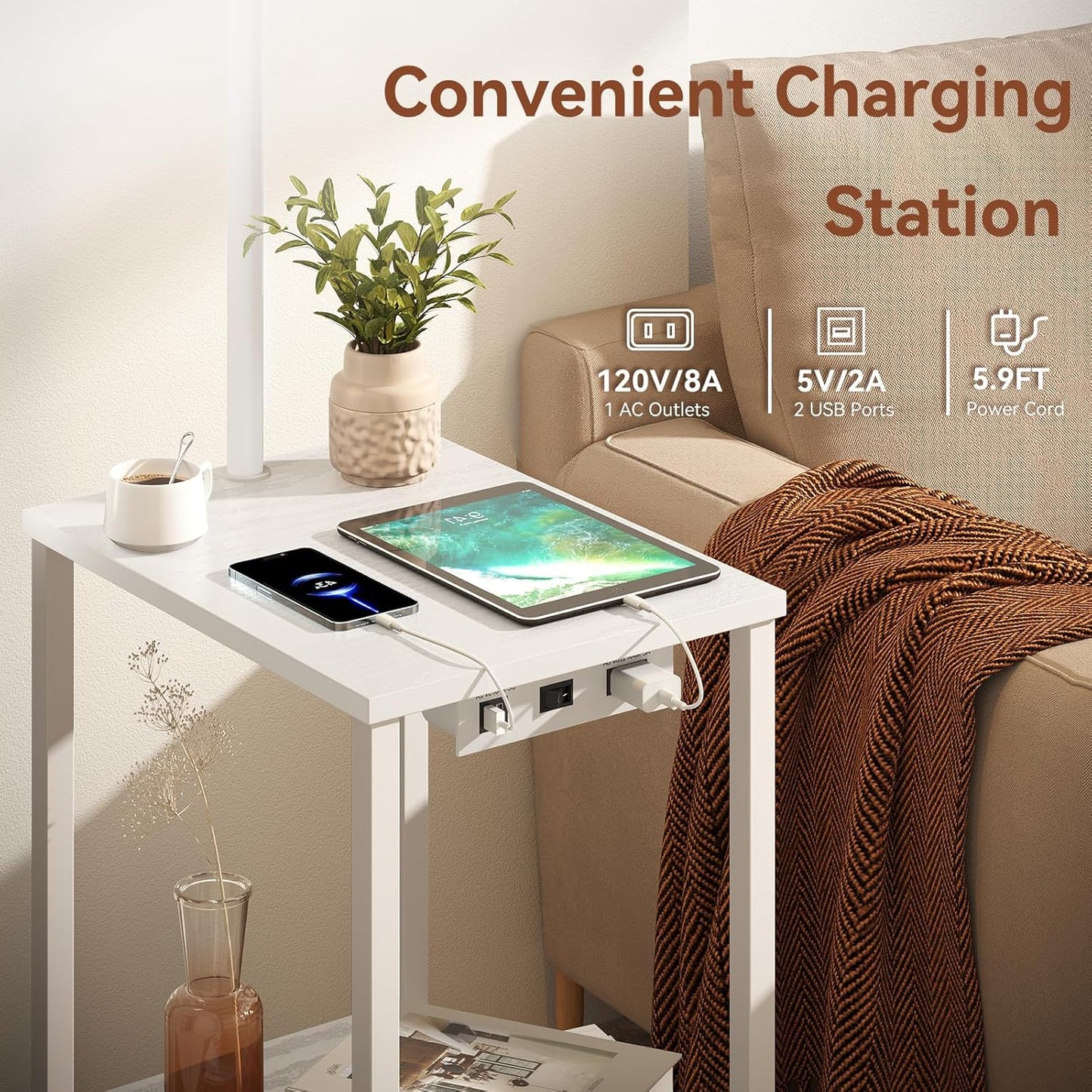 SUNMORY Floor Lamp with Table - Modern Nightstand & Charging Station | 3 Color Temperatures, USB & AC Ports