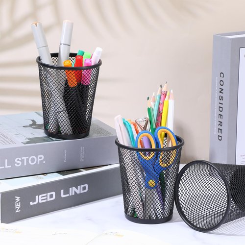 HOFURME 12 PCS Mesh Pen Cup, Metal Pencil Holder, Pen Holder Cup ,Pencil Cup, Round Office Classroom Pen Organizer Cup, for Students Kids Adult (Black)