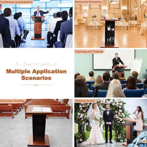 47" Wooden Podium with 4 Lockable Wheels, 15MM Particle Board Wood Pulpit with Storage & Wire Hole – Elegant Lectern for Church, Office, School, Conference, and Home