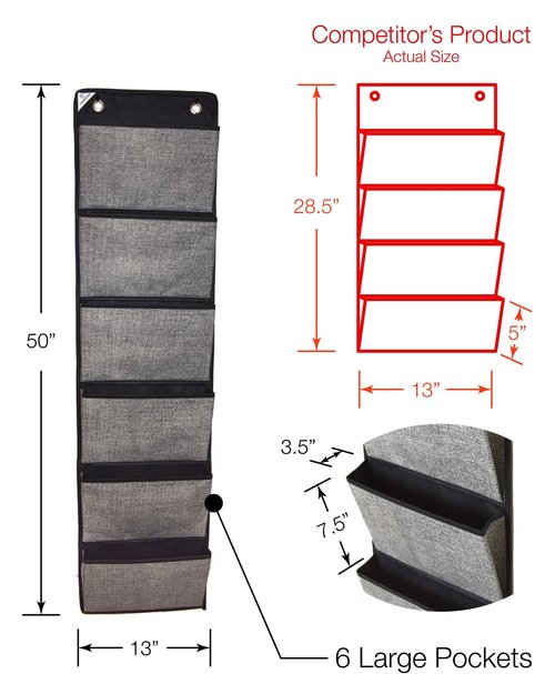 COMPONO Office Supplies Storage Organizer Includes 2 Over Door Hangers, 6 Pocket Chart for Home, Business, Clothing, and School Organizers (Black & Gray)