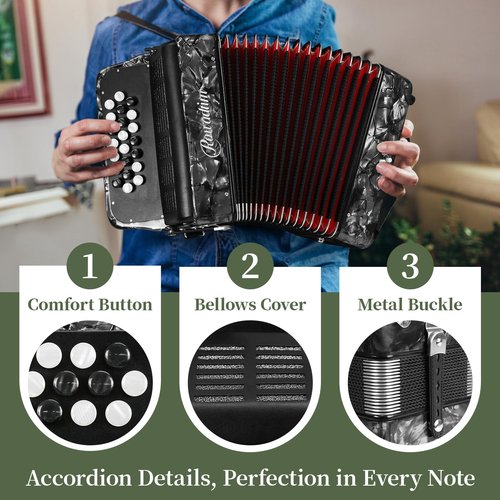 Accordion - 22 keys 8 bass, lightweight piano accordion for beginners, vibrant design for beginners and adults for easy learning (8 Bass, Gray)