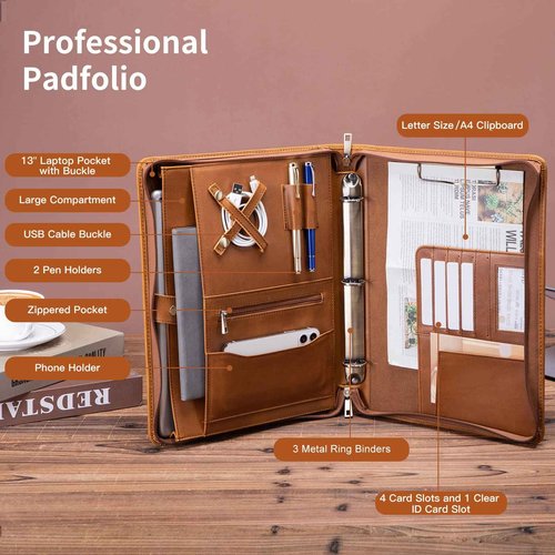 Geslun Genuine Leather Portfolio 3 Ring Binder with Clipboard, Hidden Handle, 8.5 x 11 Zippered Padfolio, Business Organizer Professional Executive Folio for Men and Women, Brown