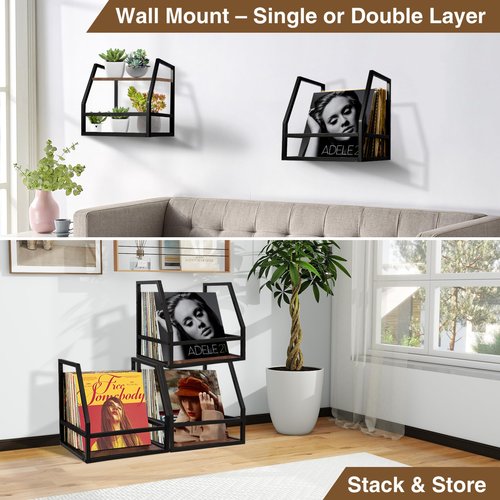 Y&M 2 In 1 Vinyl Record Storage Crate, 2 Pack Wood LP Holder, Wall Mount or Desktop Metal Album Organizer, Holds 80+ Records, Multifunctional Stackable Magazine Display Shelf, Brown