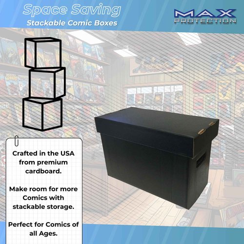 Max Protection Comic Book Storage Boxes - Short Cardboard Black Case for 150-175 Comic Books - Double Thickness Design - Premium Stackable Book Box for Silver Age & Modern Comics (Pack of 5)