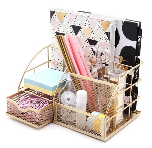 Exerz Desk Organizer Golden Office Desk Accessories Supplies Office Storage Desktop Pencil Pen Holder with Drawer Home Workspace