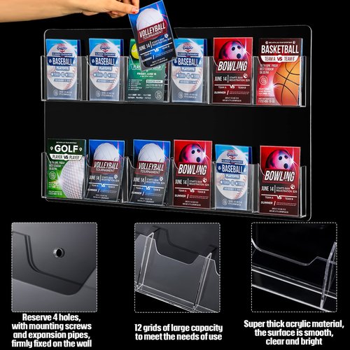 Eersida Acrylic Brochure Pamphlet Holder Brochure Display Stand Business Tri Fold Multi Slot Holder Rack Wall Mount Clear Pocket Space Saver for Flyer Literature Menu Advertise(12 Pockets)