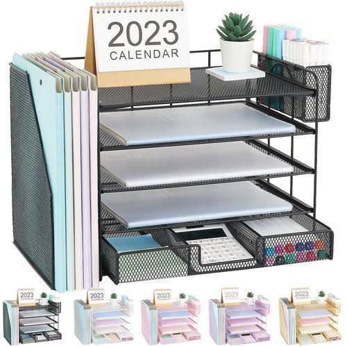 Gugsey Desk Organizer with File Holder, 5-tier Paper Letter Tray File Organizer with Drawer and Pen Holder, Mesh Desktop Office Organization and Storage for School Home Office Supplies(Black)