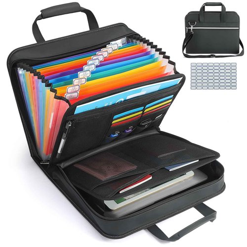 SEEKIND PU Leather Accordion File Organizer with Handle & Strap，12 Pockets Expanding File Folder with Zipper & Labels，Portable Document Organizer File for Letter A4 Files