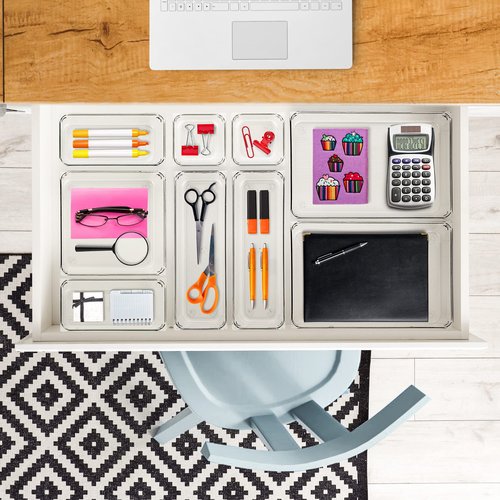 Ravinte 16 PCS Drawer Organizer Plastic Storage Bins, 5 - Size Kitchen Drawer Organizer with Non-Slip Pads Clear Desk Storage Tray for Makeup, Jewelries, Kitchen Utensils and Office
