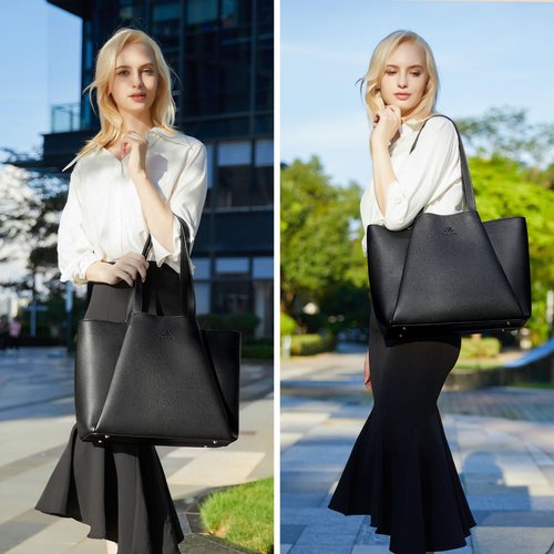 LOVEVOOK Laptop Tote for Women - 15.6 Inch Faux Leather Laptop Bag with Clutch, Large Capacity Office Purse Computer Briefcase for Casual Business Travel, Black
