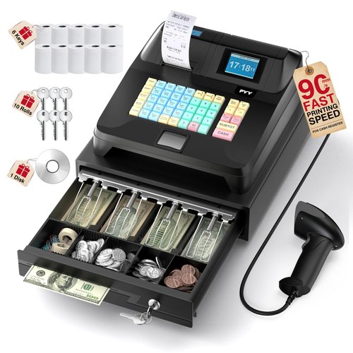 PYY Cash Register for Small Businesses - Electronic Commercial Caja Registradora para Negocio with Lock Cash Drawer Box and Scanner, 48 Keys, 8 Digital Dual Display for Retail Restaurant Supermarket