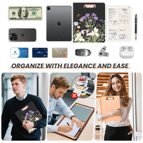 KLLVE Clipboard with Storage for Men Women, Leather Padfolio Portfolio with Zipper, 1 Inch 3 Ring Binder 5 Dividers, Notepad for Letter Size, Elastic Closure and Pen Loop, Card Slot Black Flower
