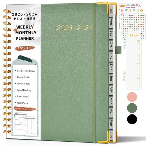 Academic Planner 2025-2026, Weekly and Monthly Calendar Planner from July 2025 - June 2026, 8.5" x 11" Hardcover Leather Hourly Appointment Book with Tabs, Spiral Daily Planners for College School Teacher Student, Green