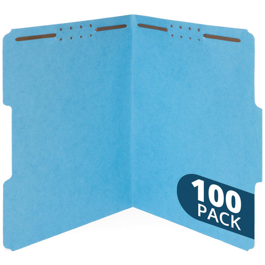 100 Blue Fastener File Folders, 1/3 Cut Top Tab, Durable 2 Prongs for Standard Medical Files, Office Reports, and More, Letter Size, Blue, 100 Pack