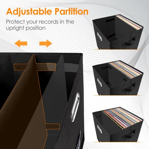 Vinyl Record Storage Box for 50+ Single LPs (12-Inch), Stackable Albums Linen Crate with Lid, Collapsible Play Music Collection Holder, Document File Folder Cabinet Organizer Case with Handle