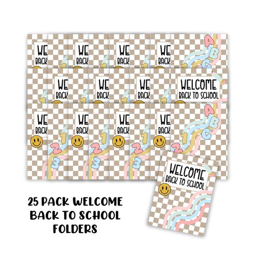 Welcome Back to School Folders | 25 pk 9x12” Full Size | 2 Pocket First Day of School, Classroom Welcome Supplies, Trendy Checkered Boho, Motivational Classroom Supplies
