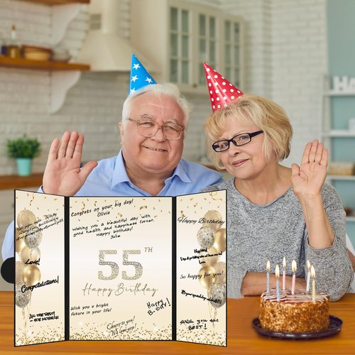 DARUNAXY Black Gold 55th Birthday Party Decorations, Happy 55th Birthday Alternative Signature Guest Book for Men Women Cheers to 55 Years Old Gifts 55 Birthday Signing Card Board Party Supplies