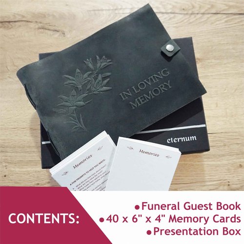 Funeral Guest Book with 40 Memory Cards – Vintage Top Grain Leather Cover – with Cotton Paper – a 3-in-1 Celebration of Life – 116 Guest Entries - Photo Book – Memorial Keepsake - (Gray) by Eternum
