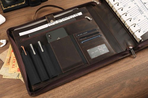 Handmade Leather Business Checkbook Binder - 7 Ring Check Binder with Handle, Check Holder Checkbooks for Business Checks for 3 Per Page 600 Checks Capacity for 9 x 13 inch Sheets, Dark Kahki