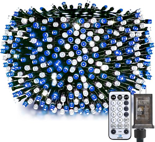 Minetom 1000 LED Cluster Christmas Tree Lights - 50 Ft Waterproof String with Timer & Remote | Blue & Cool White