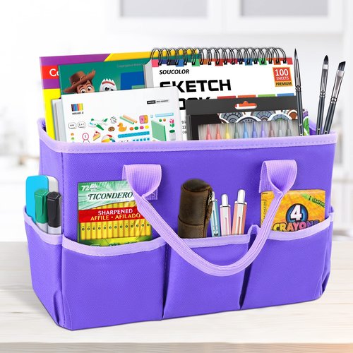 Godery Desktop Tote and Organizer, Teacher Helper Bag for Arts, Books, Stationery, Office Desk Organization, Make-up Storage with Handles for Travel (PURPLE)