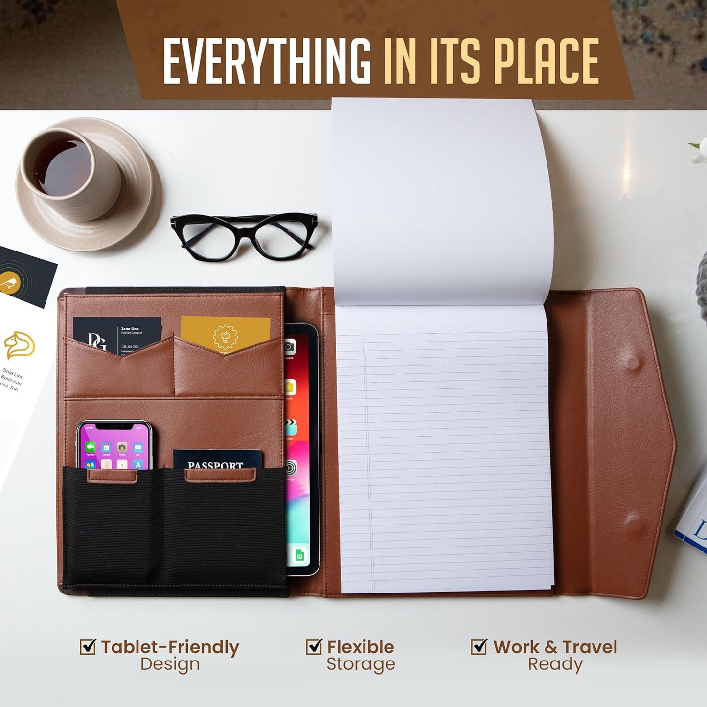 STLYIO Trifold Padfolio - Magnetic Closure with Stretchable Compartment for Tablet & Documents | Includes Notepad & Gift Box