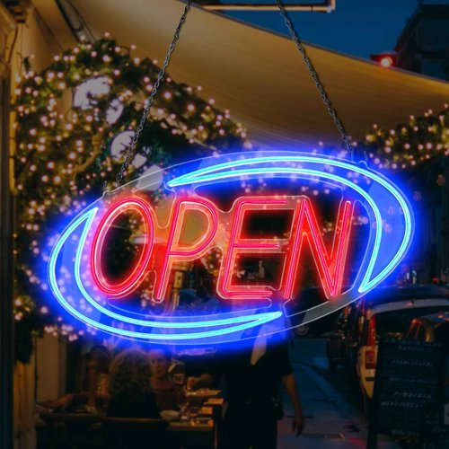 Open Signs for Business,Neon Open Sign Led,32"x 16",Remote Control Open/Closed Bussiness Hour Sign Set,Light for Bar Coffee Salon Store Window,12V/3A Adapter with ON/OFF Switch (Blue/Red Oval)