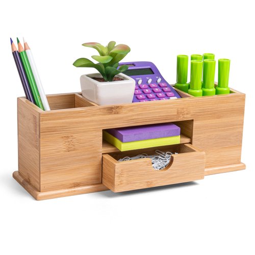 MissionMax Small Bamboo Black Caddy Desk Organizer and Storage with Drawer and Compartments for all your Office and Home needs