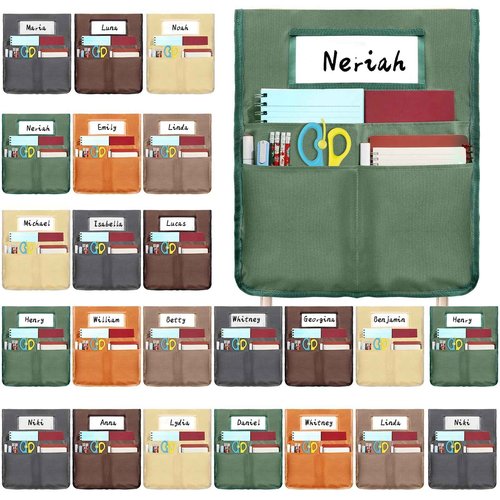 24 Pcs Chair Pockets for Classroom 16.7 x 19.3 inch Seat Sacks with Name Tag for Classroom Chairback Pocket Chart 3 Pockets Chairs Seat Back Organizer for Elementary School Daycare Home Supplies