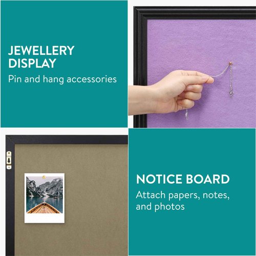 Navaris Framed Fabric Bulletin Board - 18 x 24 inches Plush Jewelry Organizer Pinboard for Wall - Memory Memo Pin Board - Purple with Black Frame