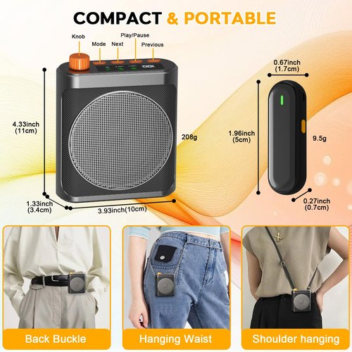 Voice Amplifier with Magnetic Wireless Lavalier Lapel Microphone for Teachers, Portable Bluetooth Speaker with 2pcs Clip-On Microphones,Mini Megaphone Speaker PA System for Classroom/Yoga/Meeting