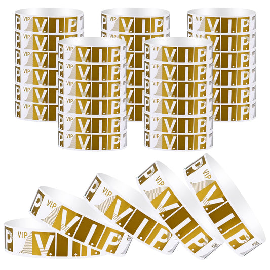 100 Pcs VIP Wristbands for Events Waterproof Paper Bracelets Lightweight Event Wristbands for Party Concert Club Amusement Park Festivals (Gold)