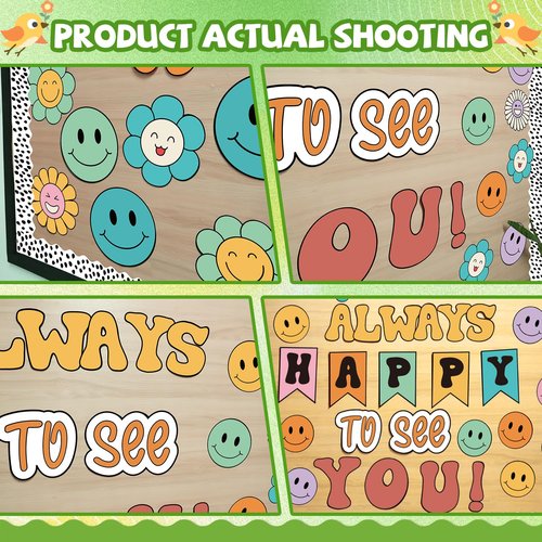 VABAMNA 63 Pcs Groovy Bulletin Board Decorations Set Retro Smiley Face Classroom Decor with Black Dots Border Trims for Back to School Classroom Wall Door Decor
