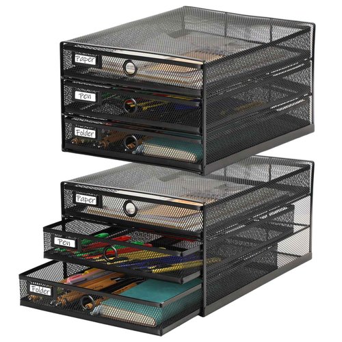 Zhanmai 1 Pack Desk Organizer with Drawer Total 3 Tiers, Wire Mesh Organizers Tray Multifunctional Paper Sorter File Stand for Home Office Supplies Storage Letter A4 Paper Office Accessories (Black)