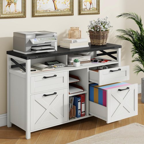 Farmhouse Filing Cabinet with Adjustable Shelf for Home Office, Lateral File Cabinets 4 Drawers with Open Storage Shelf, Filing Organization Storage Cabinets for Hanging Files Letter/A4.(Black)