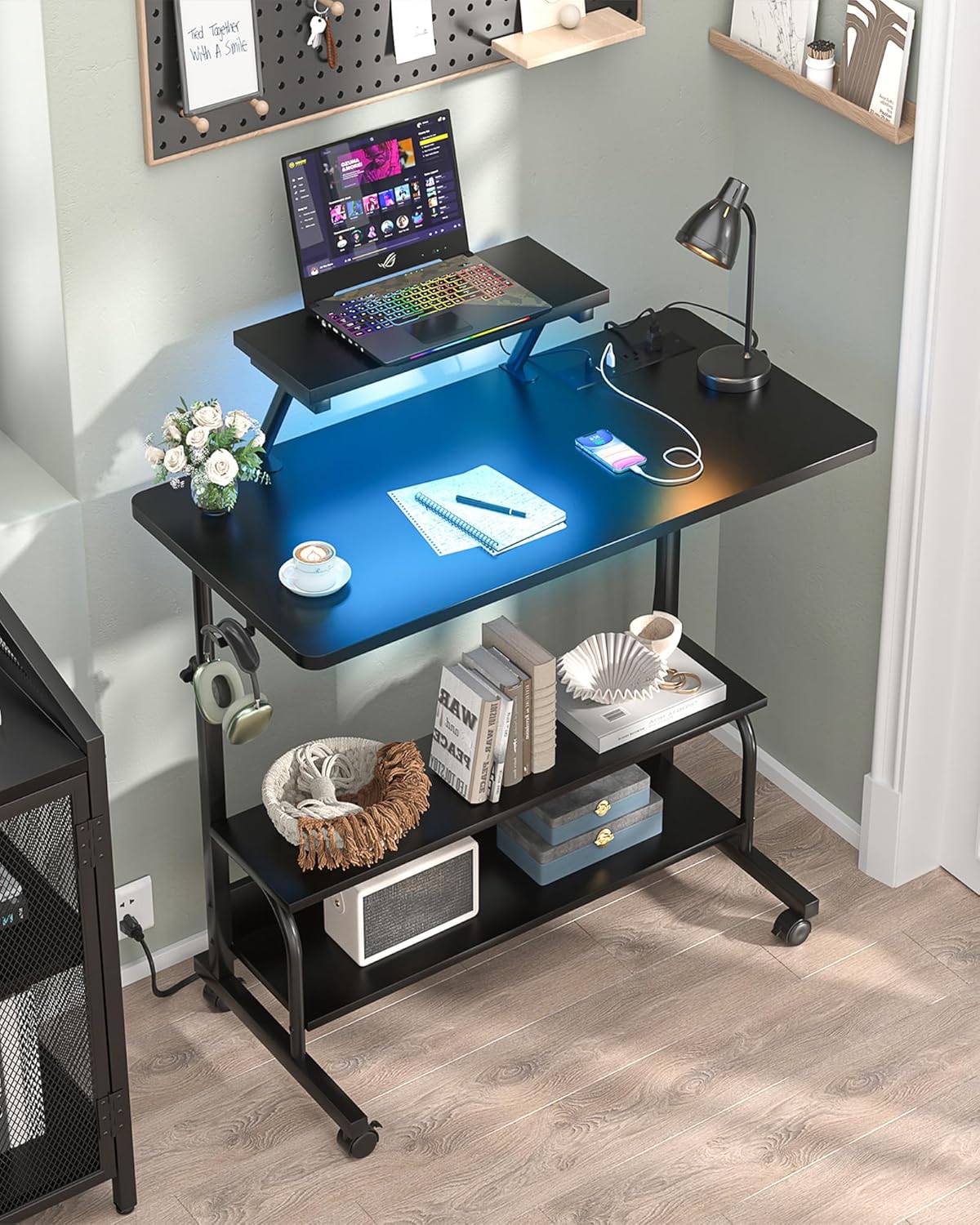 Skiennix Height Adjustable Standing Desk - 32" Manual Desk with Power Outlets & LED Lights | Portable Black Laptop Table