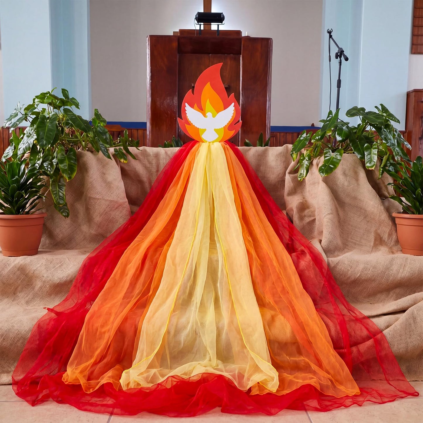 Zhengmy Pentecost Decorations Set- Red Yellow Orange Long tulle Photo Backdrop Drapes Dove Pigeon Flame Cutouts, Holy Spirit Religious Backdrop Supplies for Church Sunday School, Christian Holiday