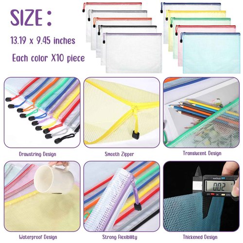 Zhehao 100 Pcs A4 Mesh Zipper Pouch Bag Bulk Mesh Pouch with Zipper Waterproof Clear Storage Bag for School Office Supplies Cosmetics Travel(A4(13.19 x 9.45 In),Vivid Color)