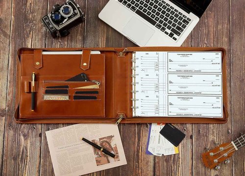 7-Ring Zippered Checkbook Binder for Business Checks - Premium Leather Portfolio Holds 600 Checks (9"x13") - Personalized Name/Logo for Men & Women