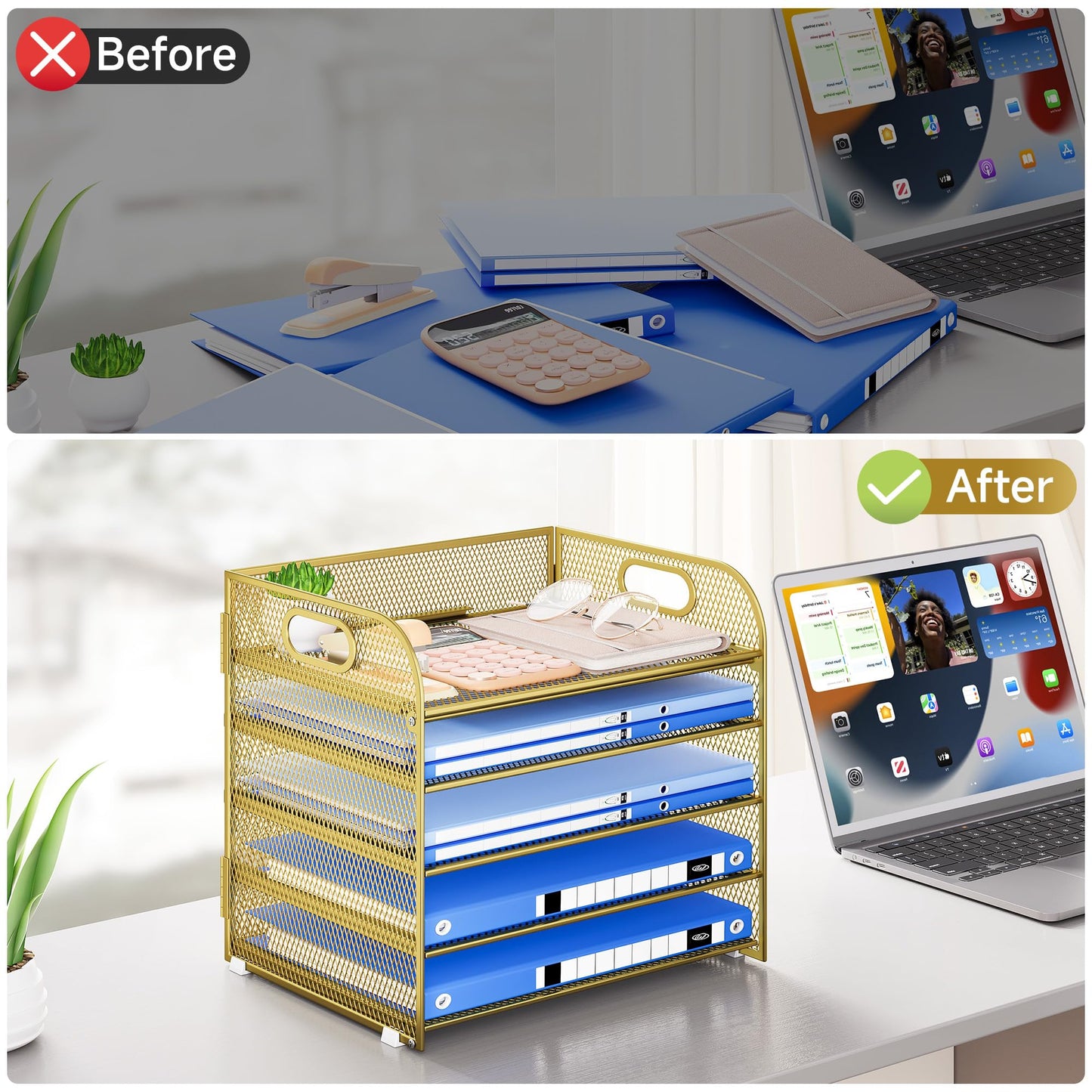 Kinkota Paper Organizer Letter Tray with Handle Mesh 5 Trays Desk File Organizer Paper Sorter Desk Organizer for Office, Home or School-Gold