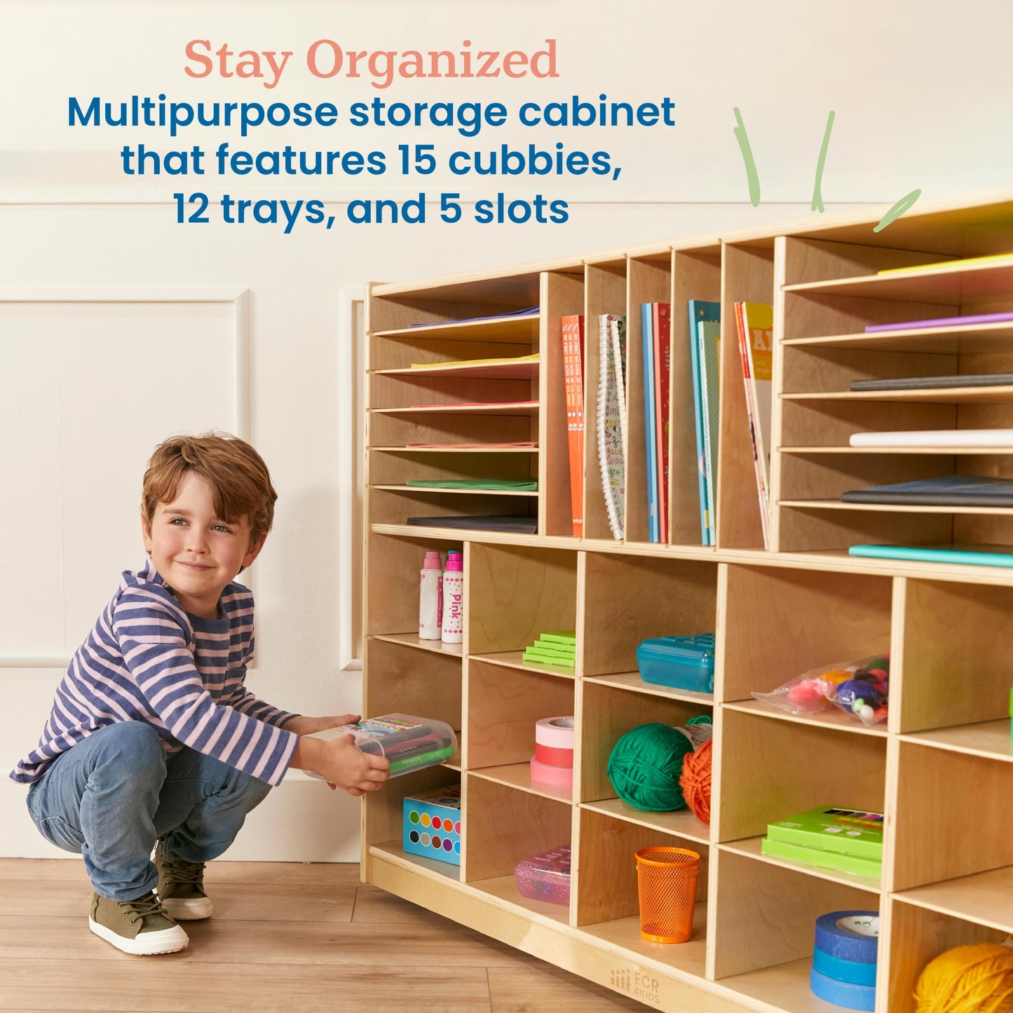 ECR4Kids Multi-Section Mobile Tray Cabinet with Cubby Storage Compartments, Kids Furniture, Natural, 48"D x 13"W x 36"H